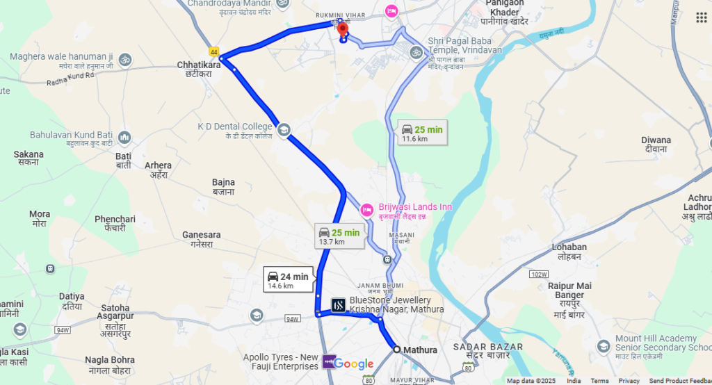 Mathura Junction to Vrindavan distance